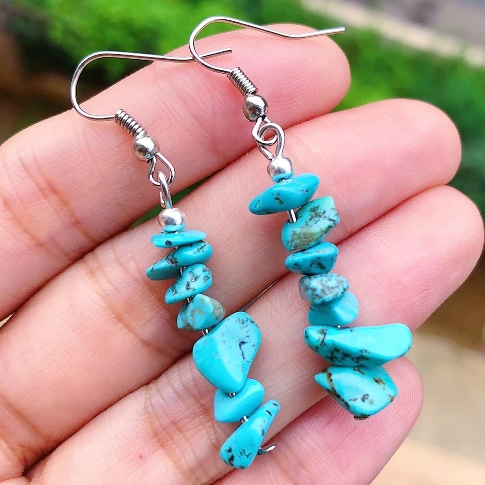Natural Turquoise And Stainless Steel Dangle Earrings Crystals Chakras